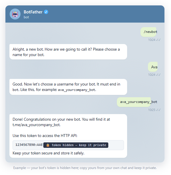 BotFather chat showing /newbot and the token reply, with the token hidden