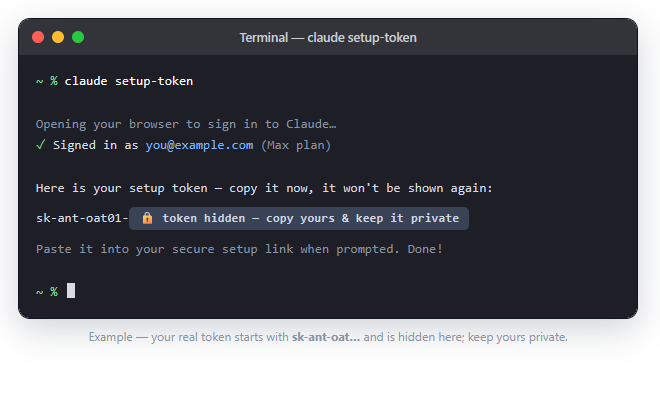 Terminal showing claude setup-token and the sk-ant-oat result, with the token hidden